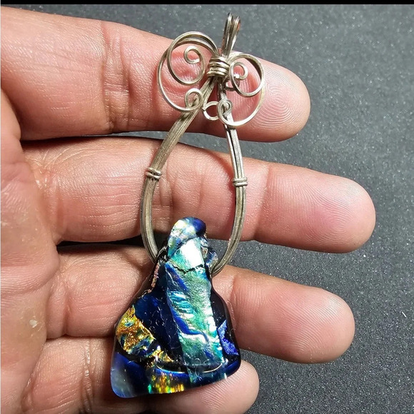 Sterling Silver Wire Wrapped Dichroic Glass Rainbow Green Blue Pendant - Picture 1 of 10